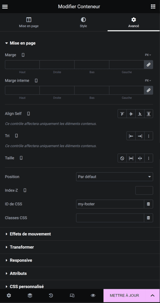 id css pour le conteneur de la barre inférieure