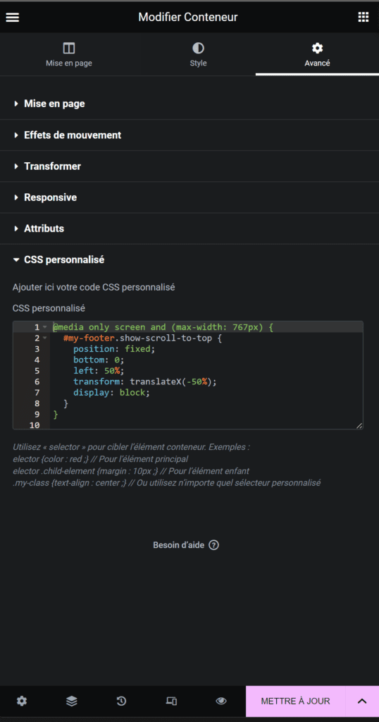 Css conteneur barre inferieure