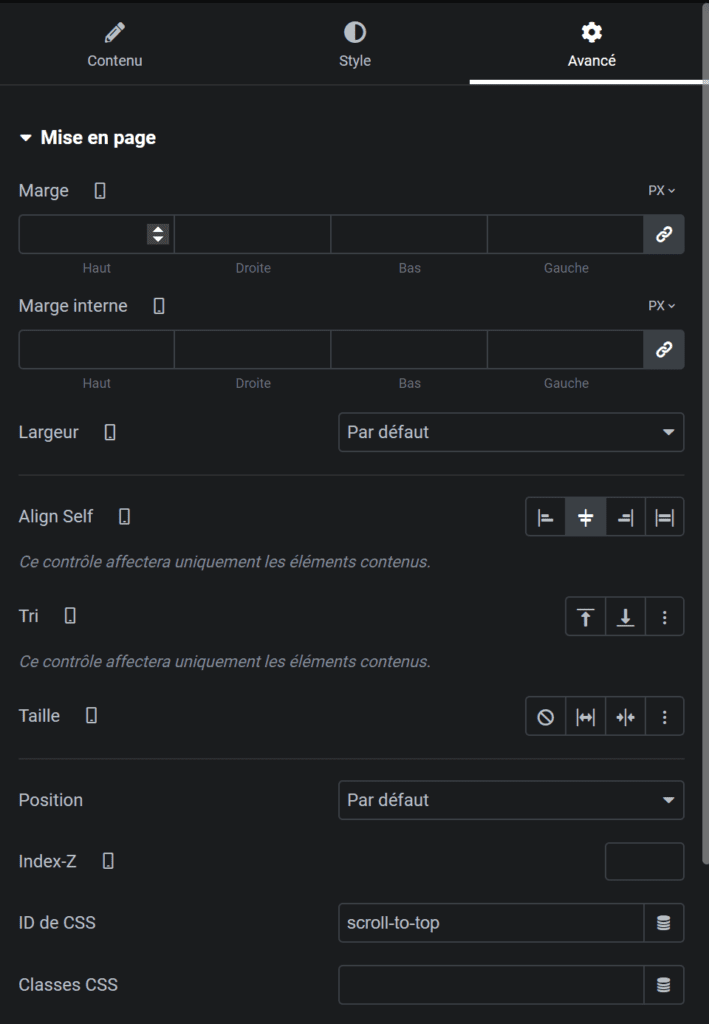 id css pour icone scroll to top