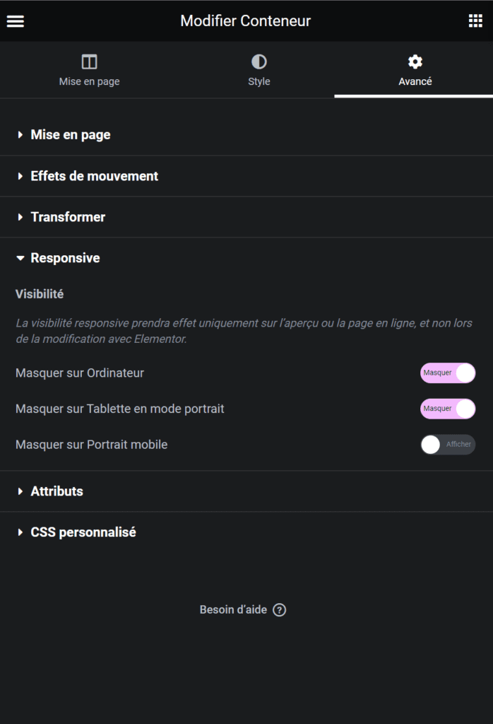 rendre visible la section seulement pour mobile